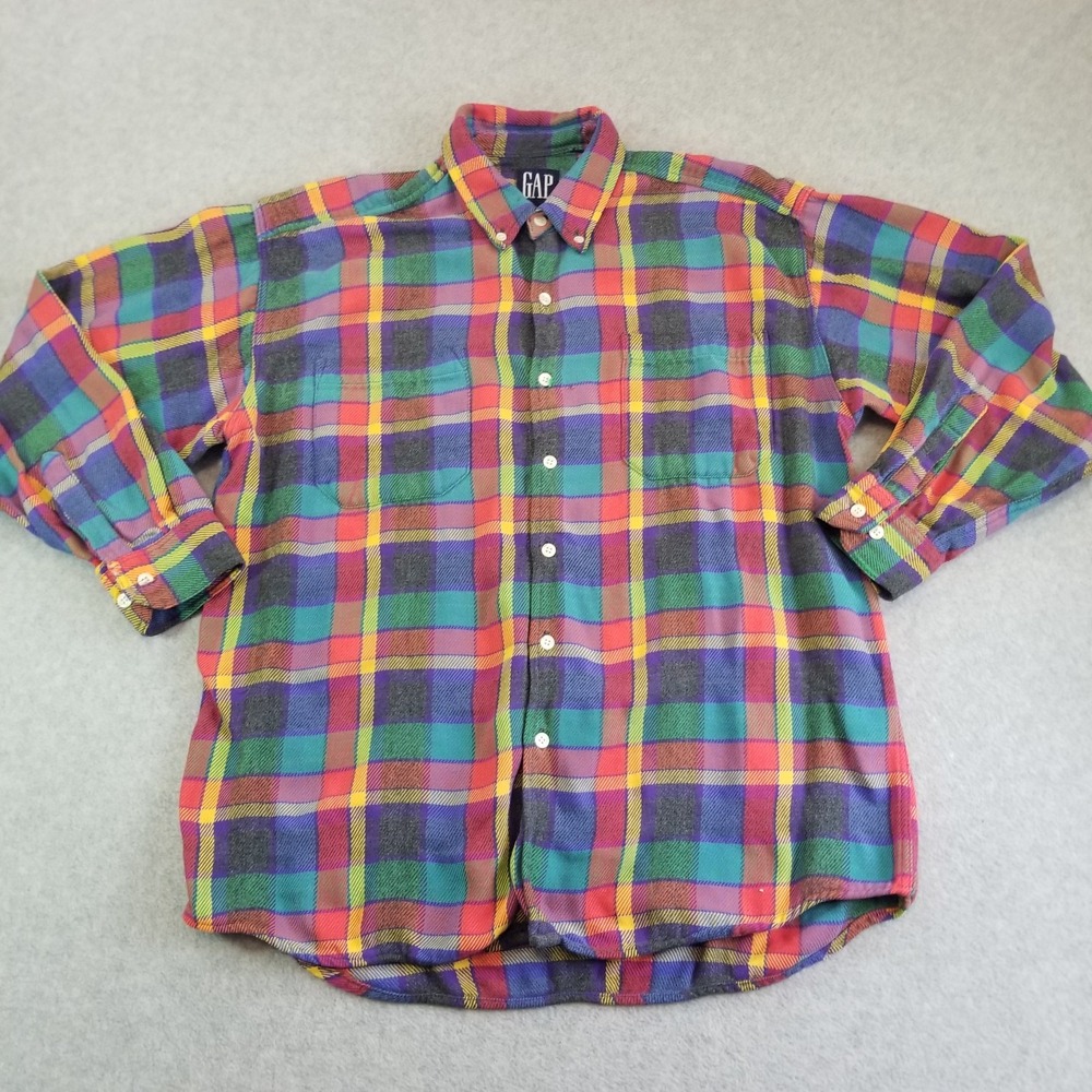 Vintage Gap Shirt Mens Large Vibrant Plaid Flannel Button Down Retro VTG 90s
